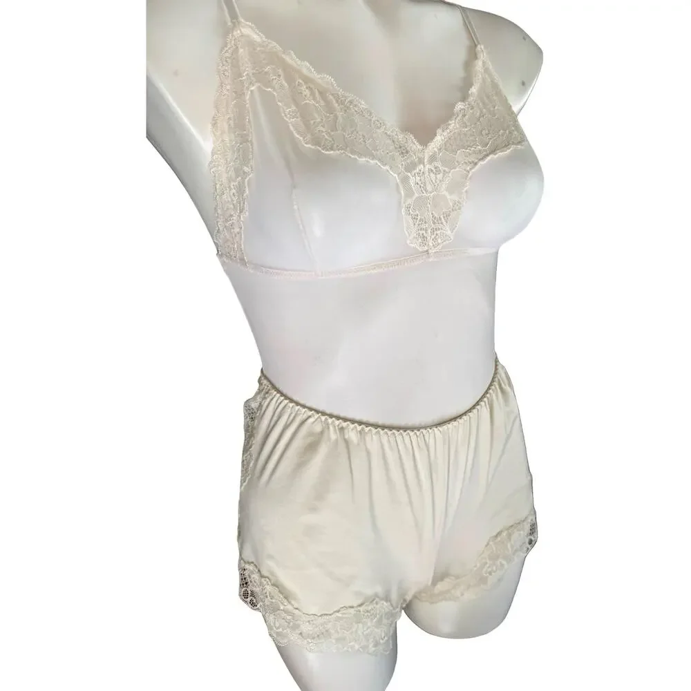 Vintage Maidenform Ivory Lace Teddy Tap Pant Set Nylon 1990 Lingerie Large